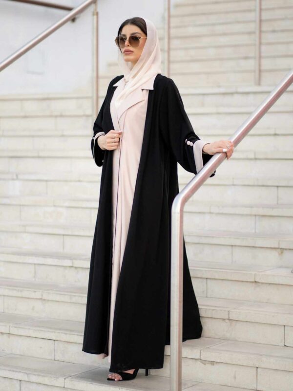 Elegant black open abaya with blush inner dress and matching hijab